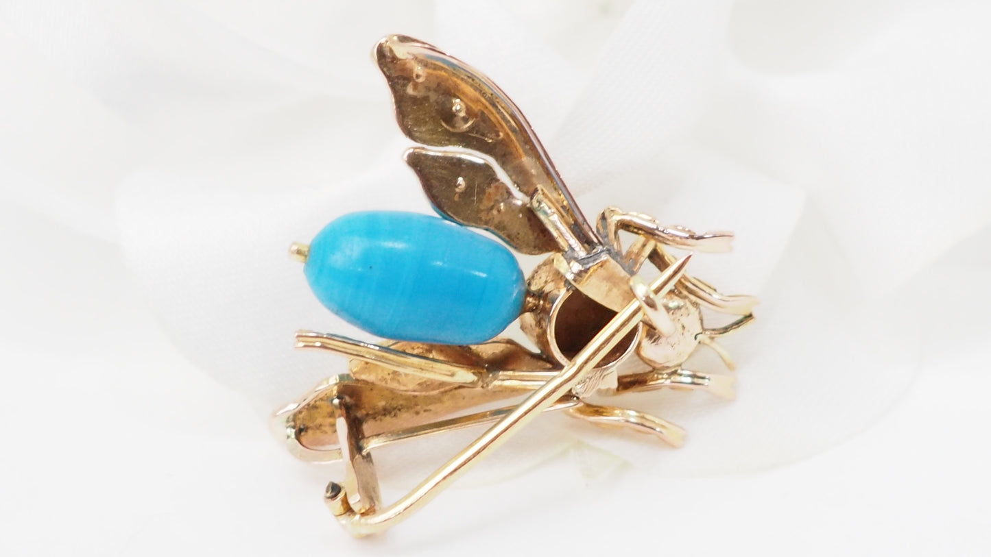 Broche mouche en or jaune turquoise, oeil de tigre et perles fines