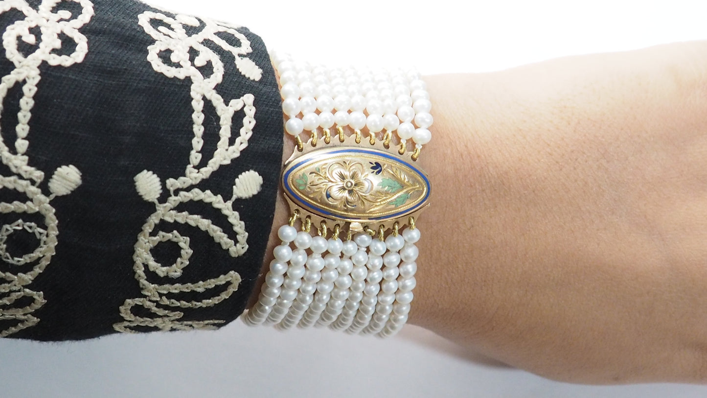 Bracelet Ancien 9 Rangs De Perles De Culture Et Or Jaune