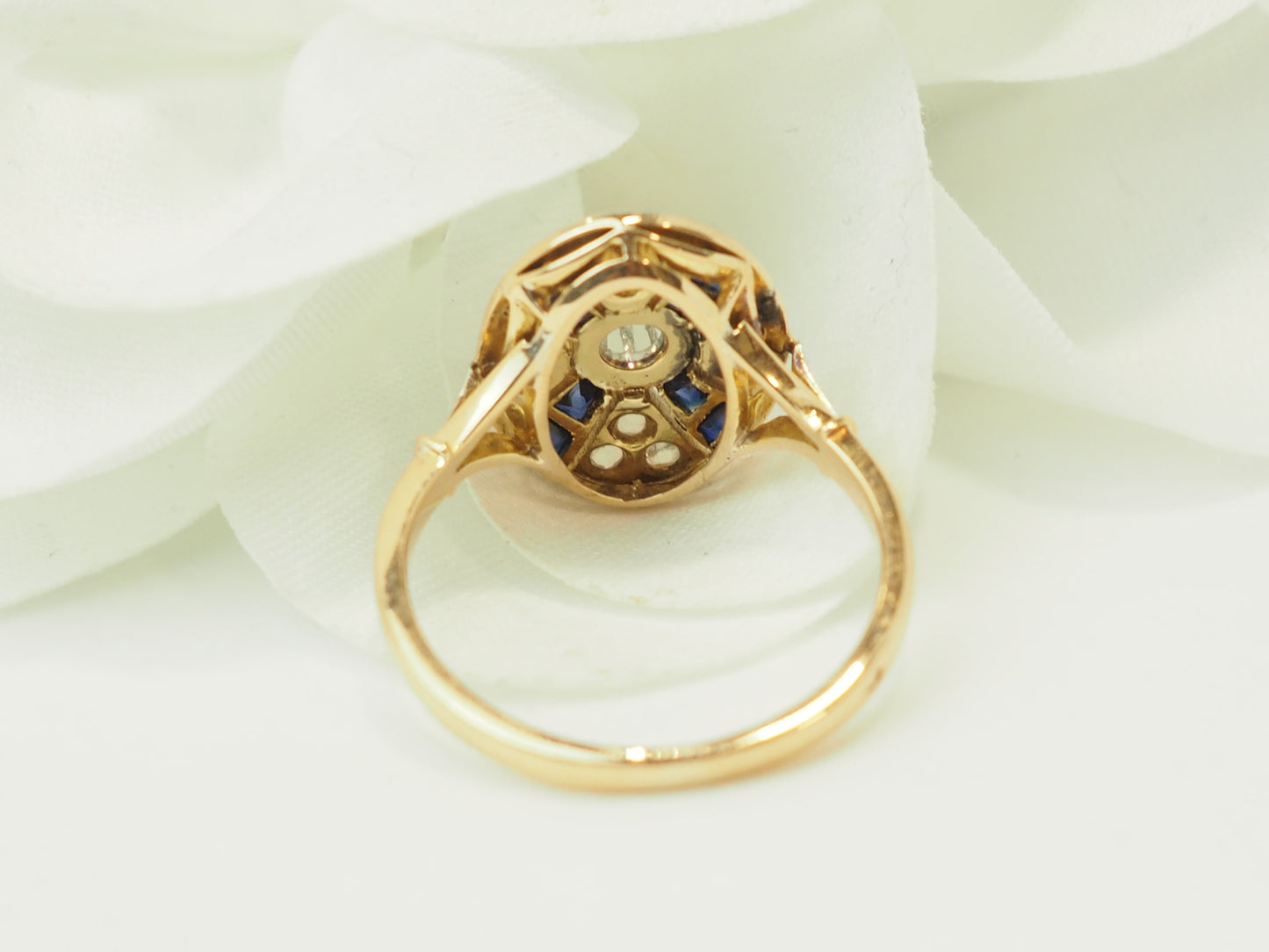 Bague Art Déco Saphirs Calibrés et Diamants Taille Rose Or 18kt Platine