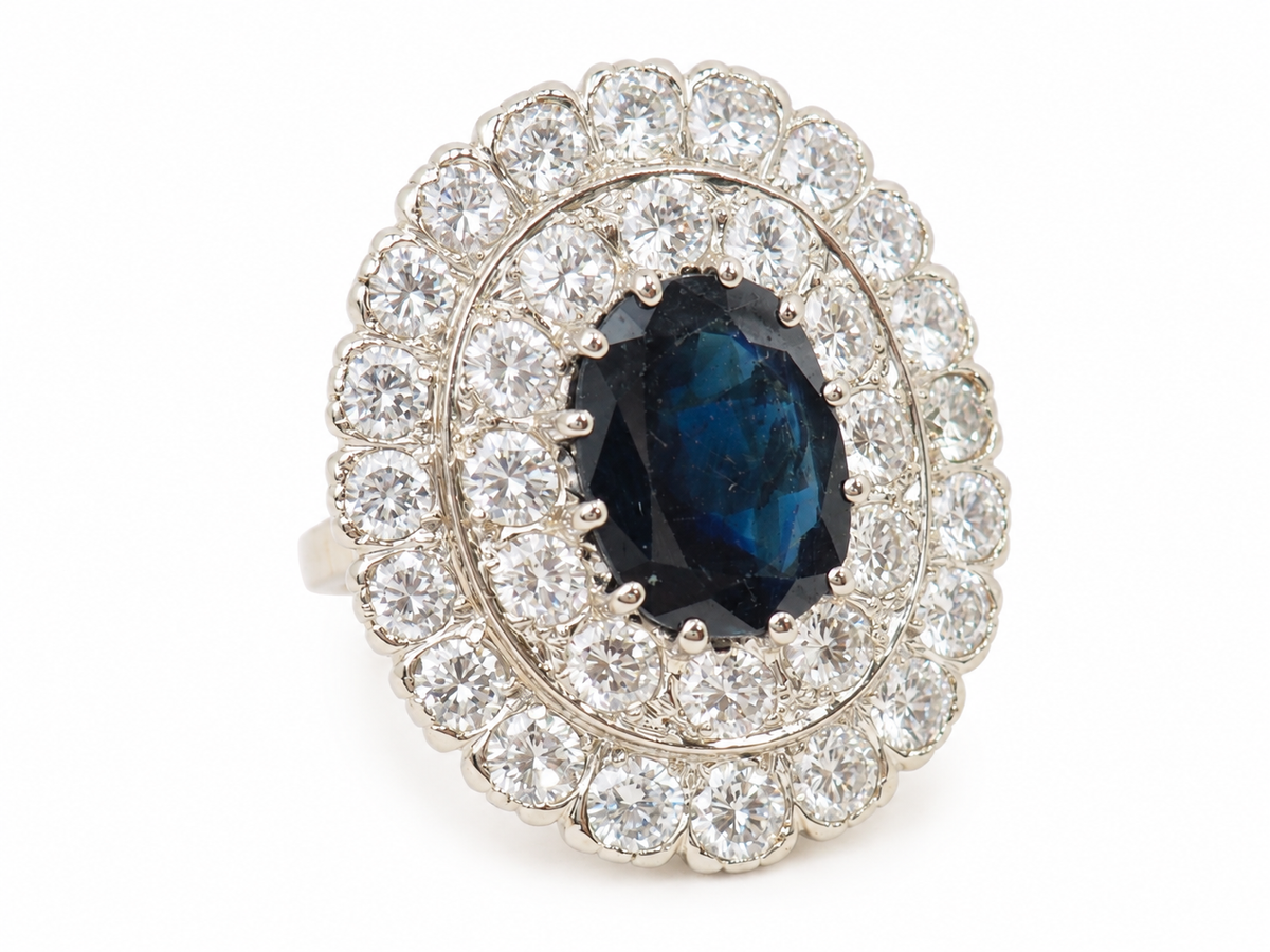 bague ancienne pompadour en or jaune, saphir et diamants