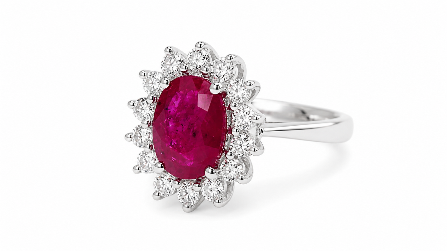 Bague marguerite en or blanc, rubis 1,91ct et diamants