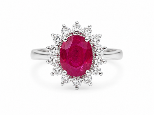 Bague entourage en or blanc, rubis 1,91ct et diamants