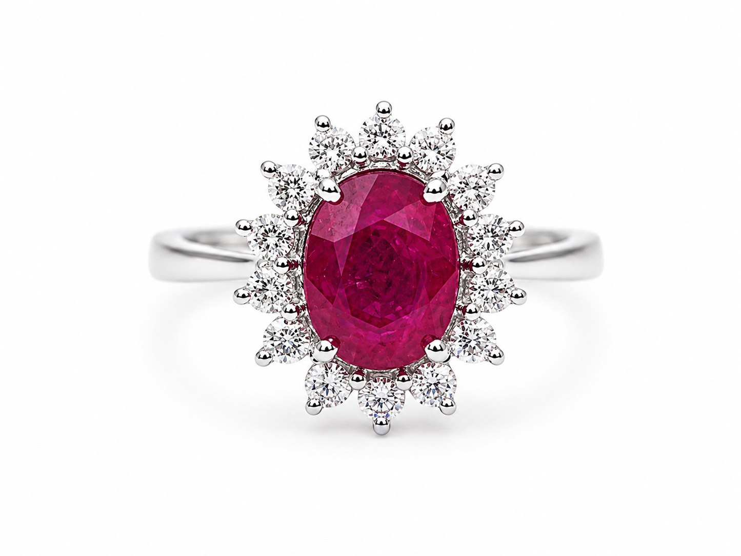 Bague entourage en or blanc, rubis 1,91ct et diamants
