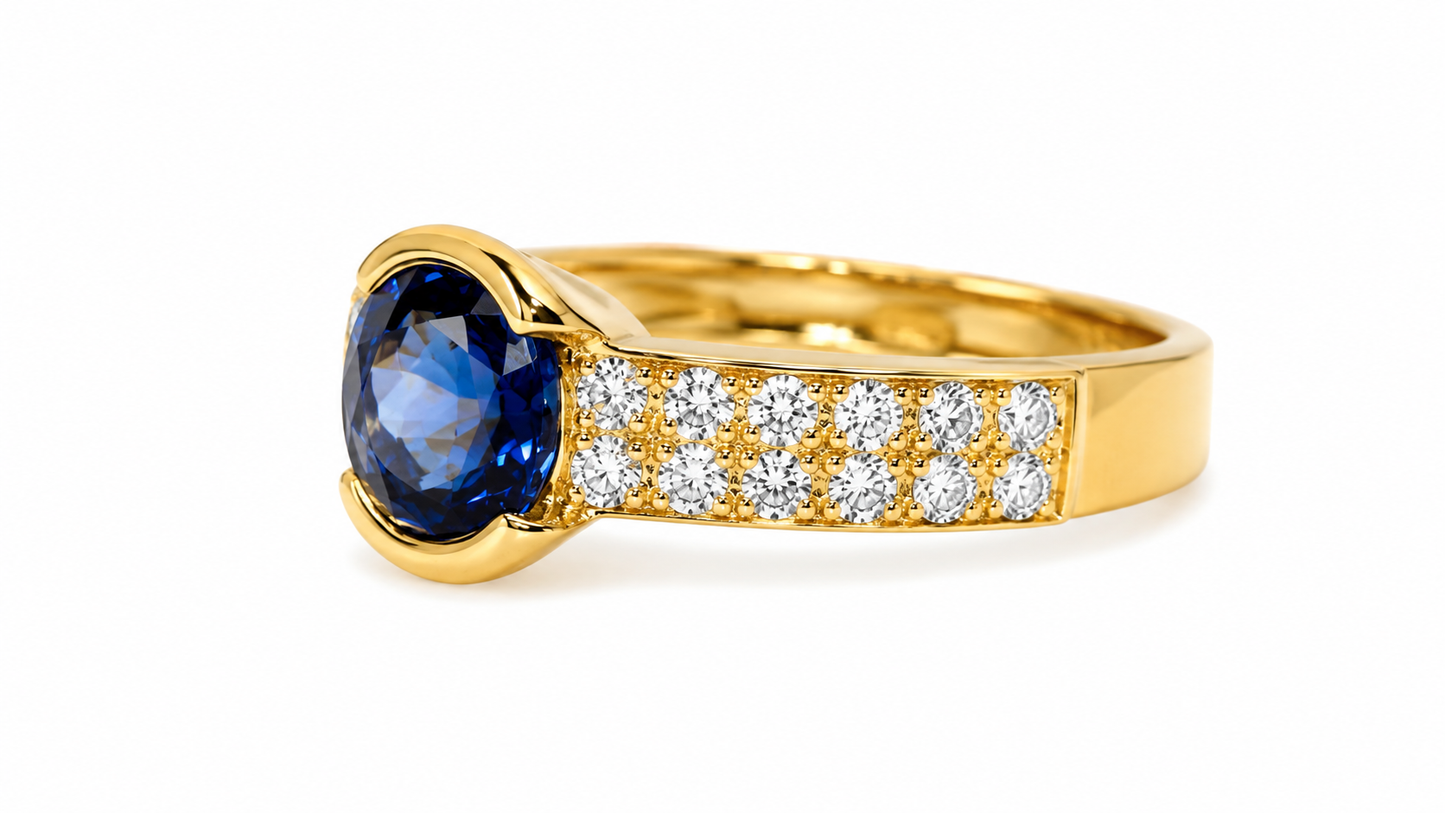 Bague bandeau en or jaune, saphir ovale et diamants.