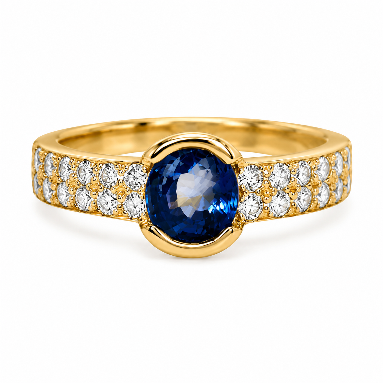 bague de fiançailles en or jaune, saphir de ceylan et diamants