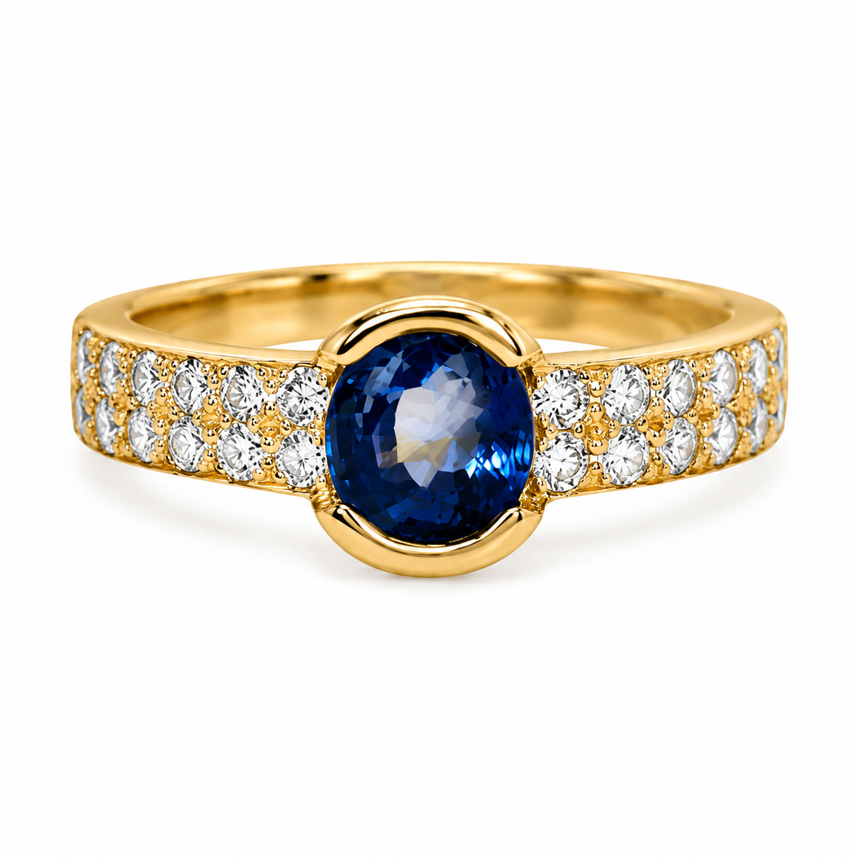 bague de fiançailles en or jaune, saphir de ceylan et diamants