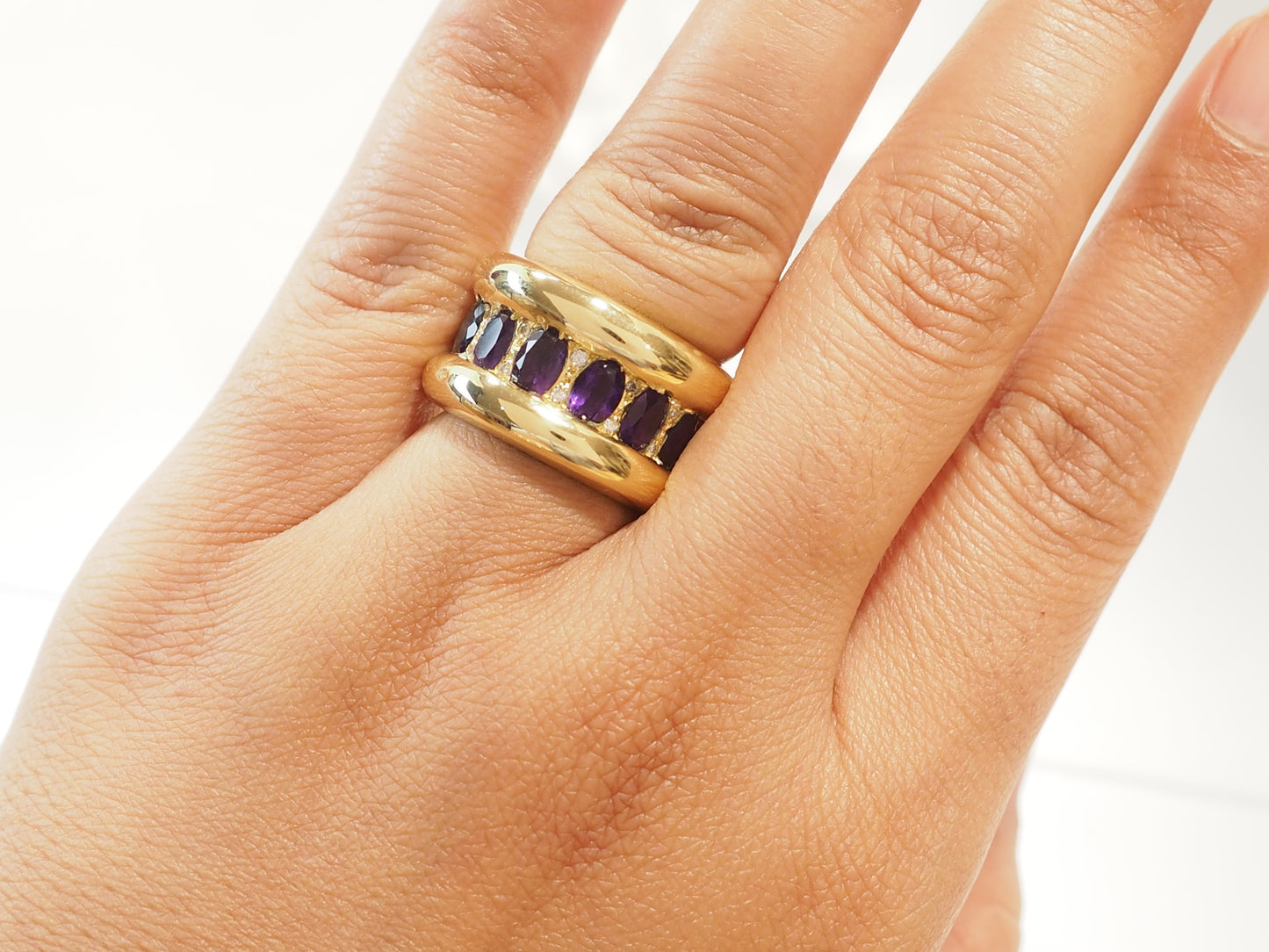 Bague Cocktail Vintage Or Jaune 18 Carats Améthystes et Diamants