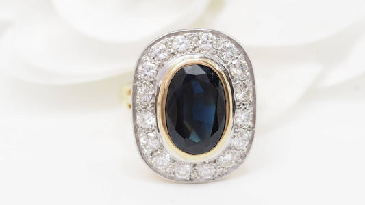Bague pompadour en or jaune, saphir et diamants