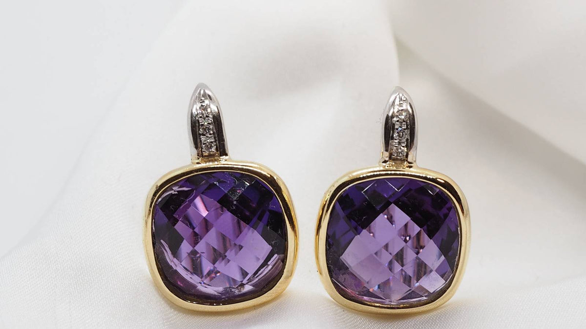 Acheter boucles d'oreilles en or jaune et blanc serties de diamants et améthyste