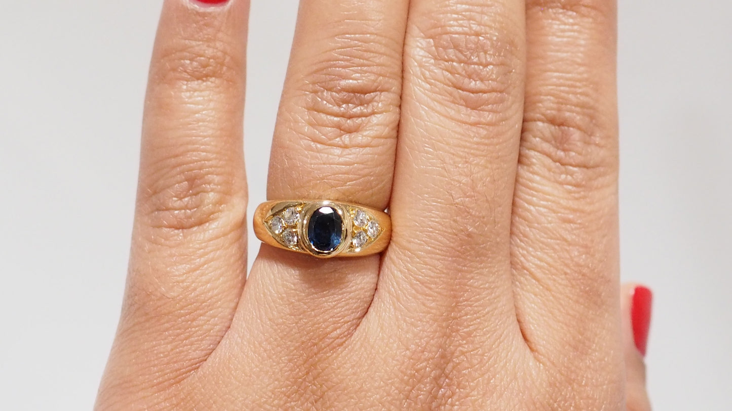 Bague Jonc en or jaune, spinelle bleu et diamants