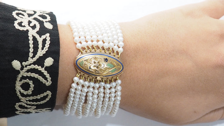 Bracelet Ancien 9 Rangs De Perles De Culture Et Or Jaune