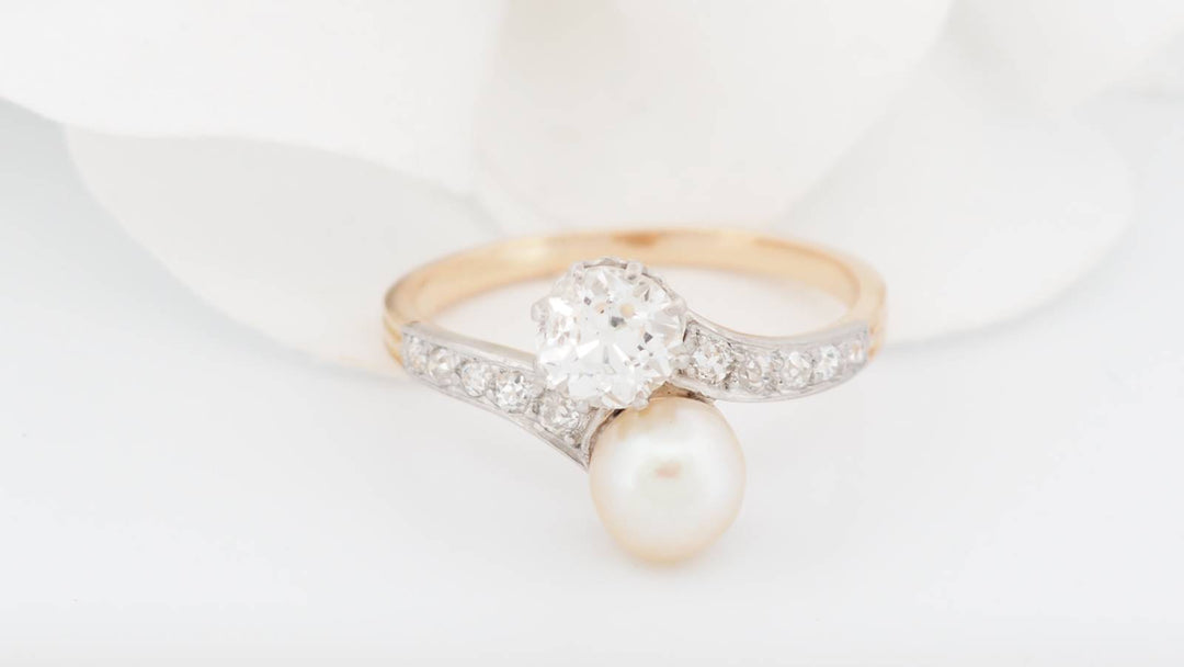 Bague Toi et Moi en or jaune, diamants et perle de culture
