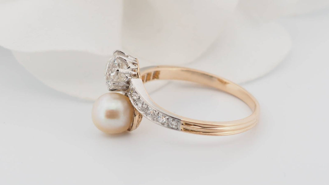 Bague Toi et Moi en or jaune, diamants et perle de culture
