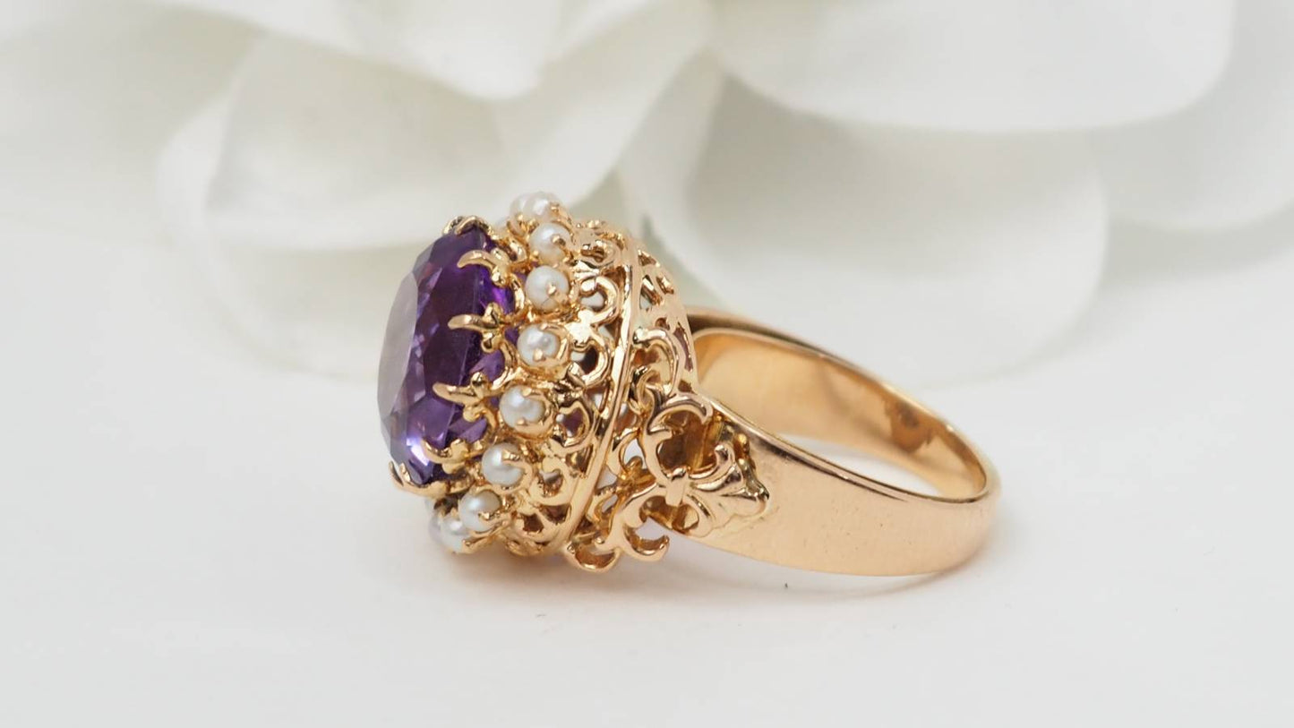 Bague en or rose, améthyste et perles fines