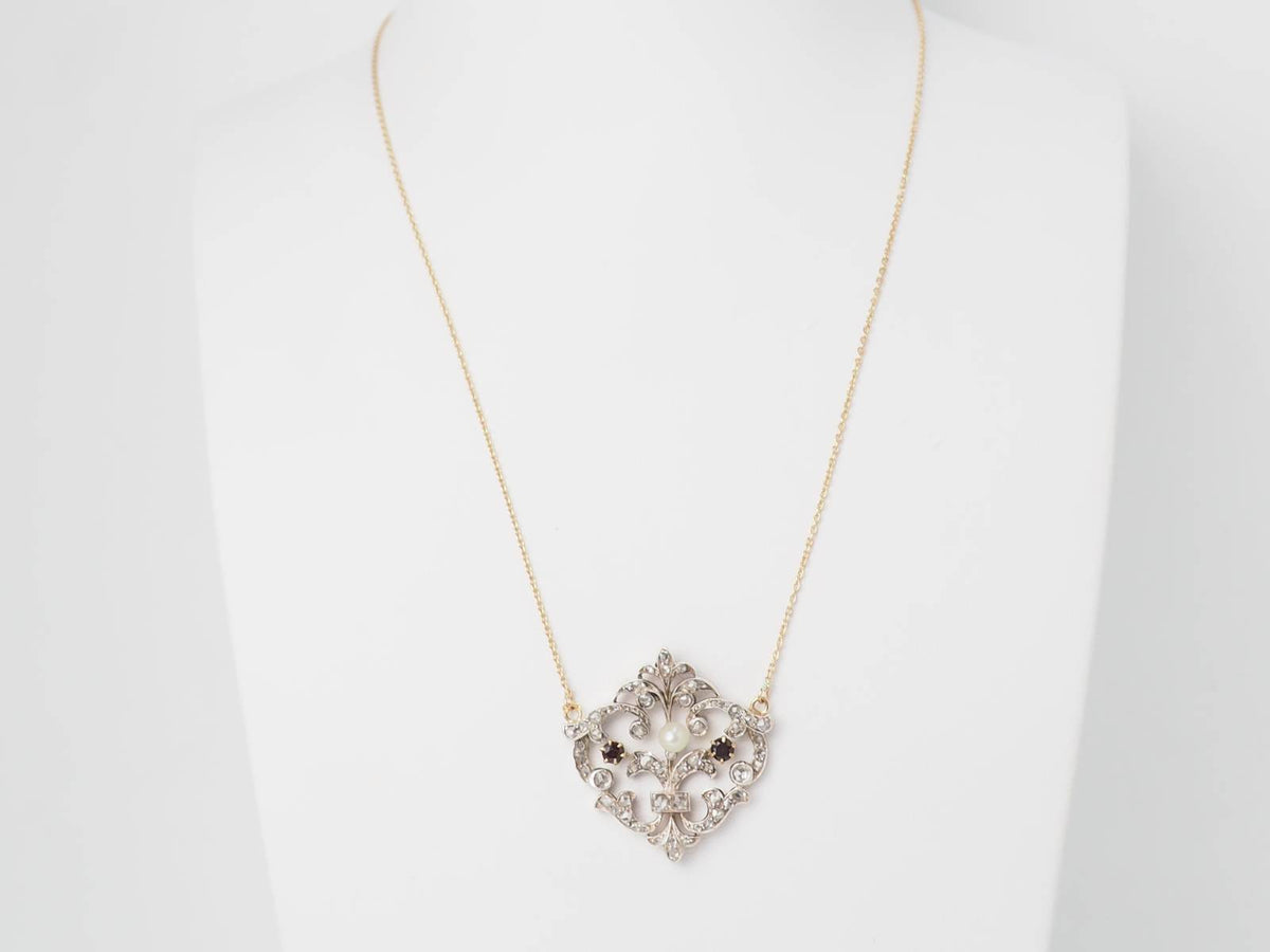 Collier ancien or jaune et argent sertis de diamants et grenats