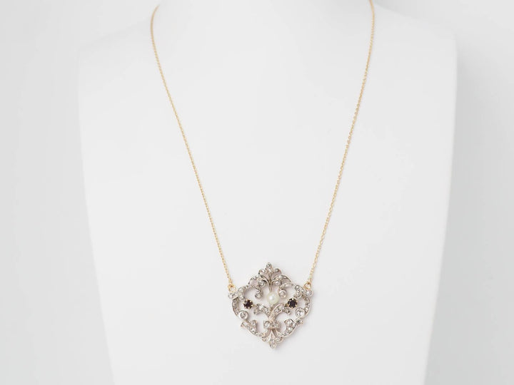Collier ancien or jaune et argent sertis de diamants et grenats