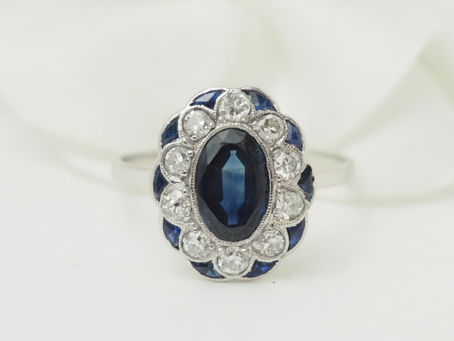 Art Deco Sapphire Diamond Ring 1.80ct 0.50ct White Gold Pompadour Ring – France Marseille Jeweler