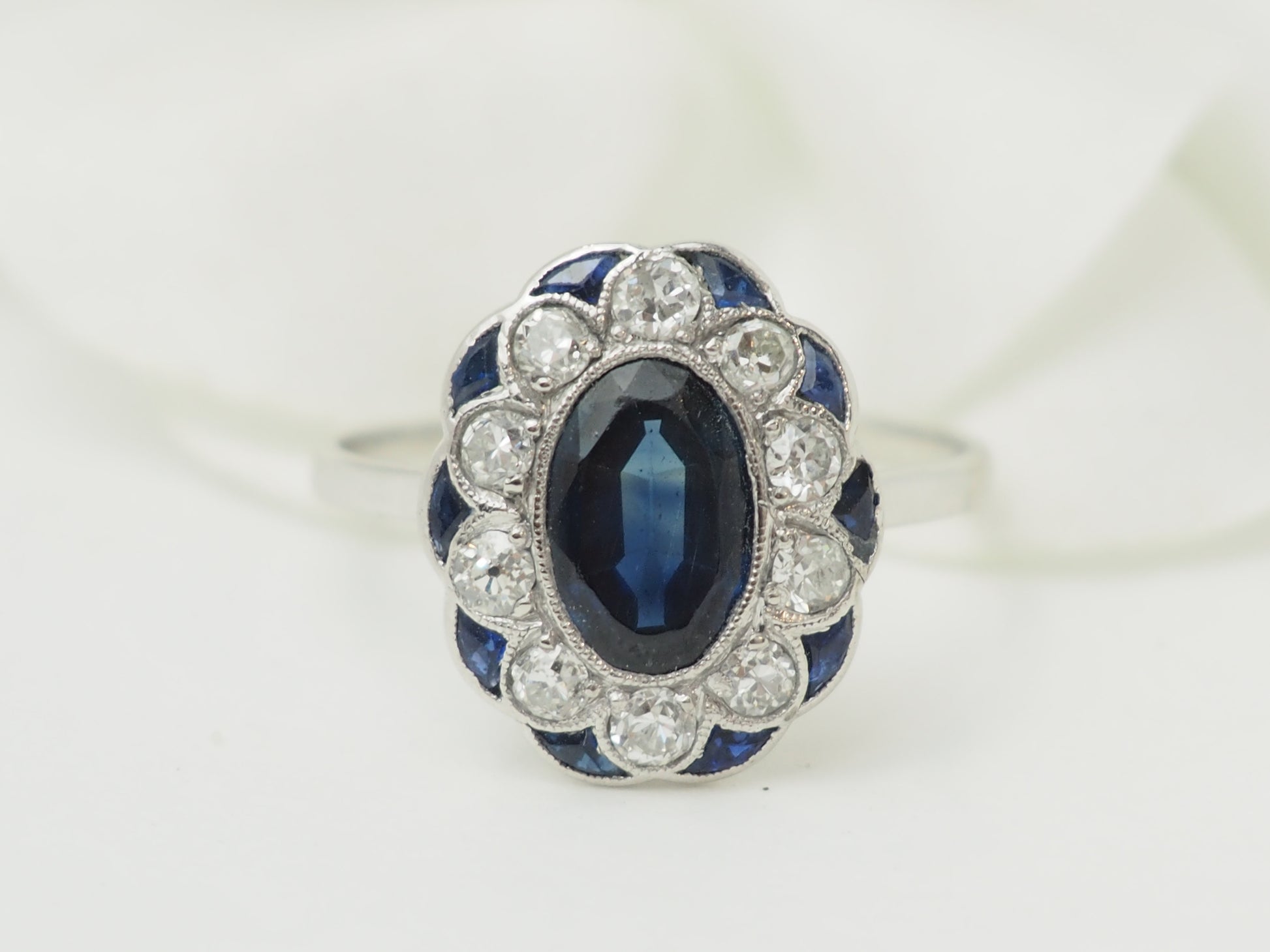 Art Deco Sapphire Diamond Ring 1.80ct 0.50ct White Gold Pompadour Ring – France Marseille Jeweler