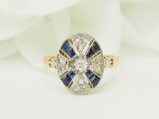 Bague Art Déco Saphirs Calibrés et Diamants Taille Rose Or 18kt Platine
