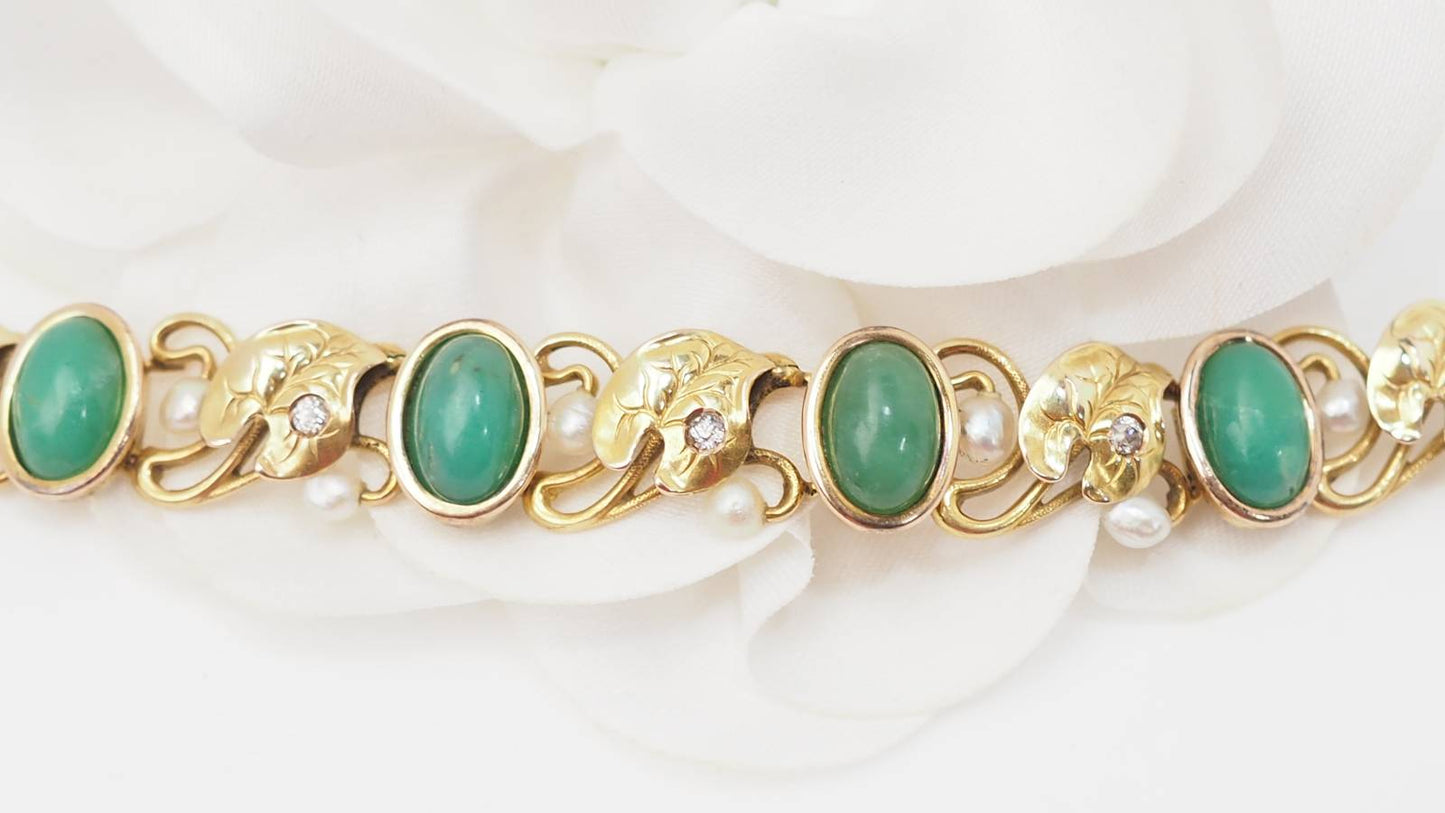 Bracelet début XXème siècle, chrysoprases diamants et perles fines