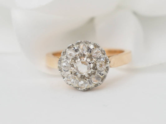 Bague ancienne en or rose, platine et diamants