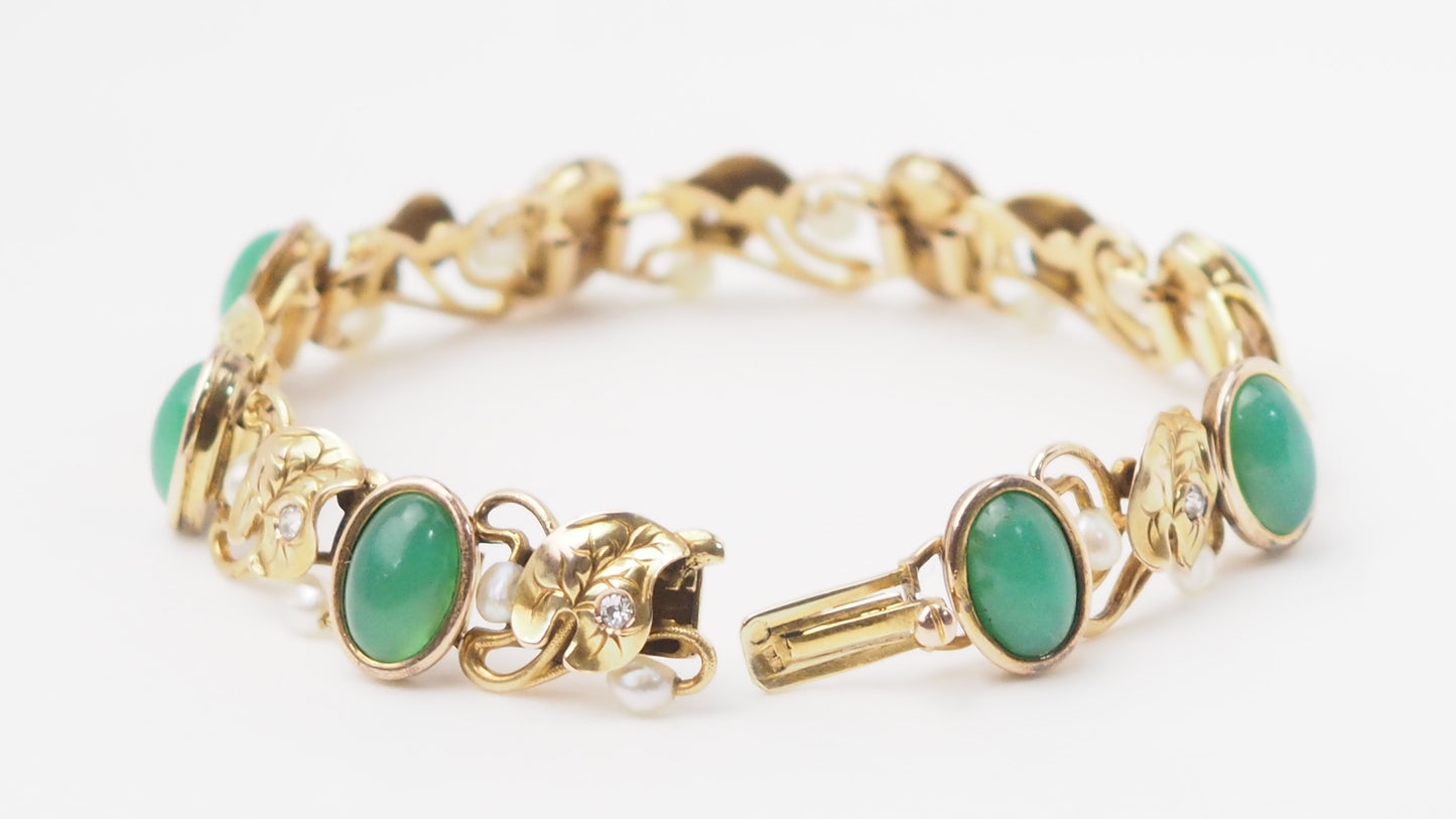 Bracelet début XXème siècle, chrysoprases diamants et perles fines