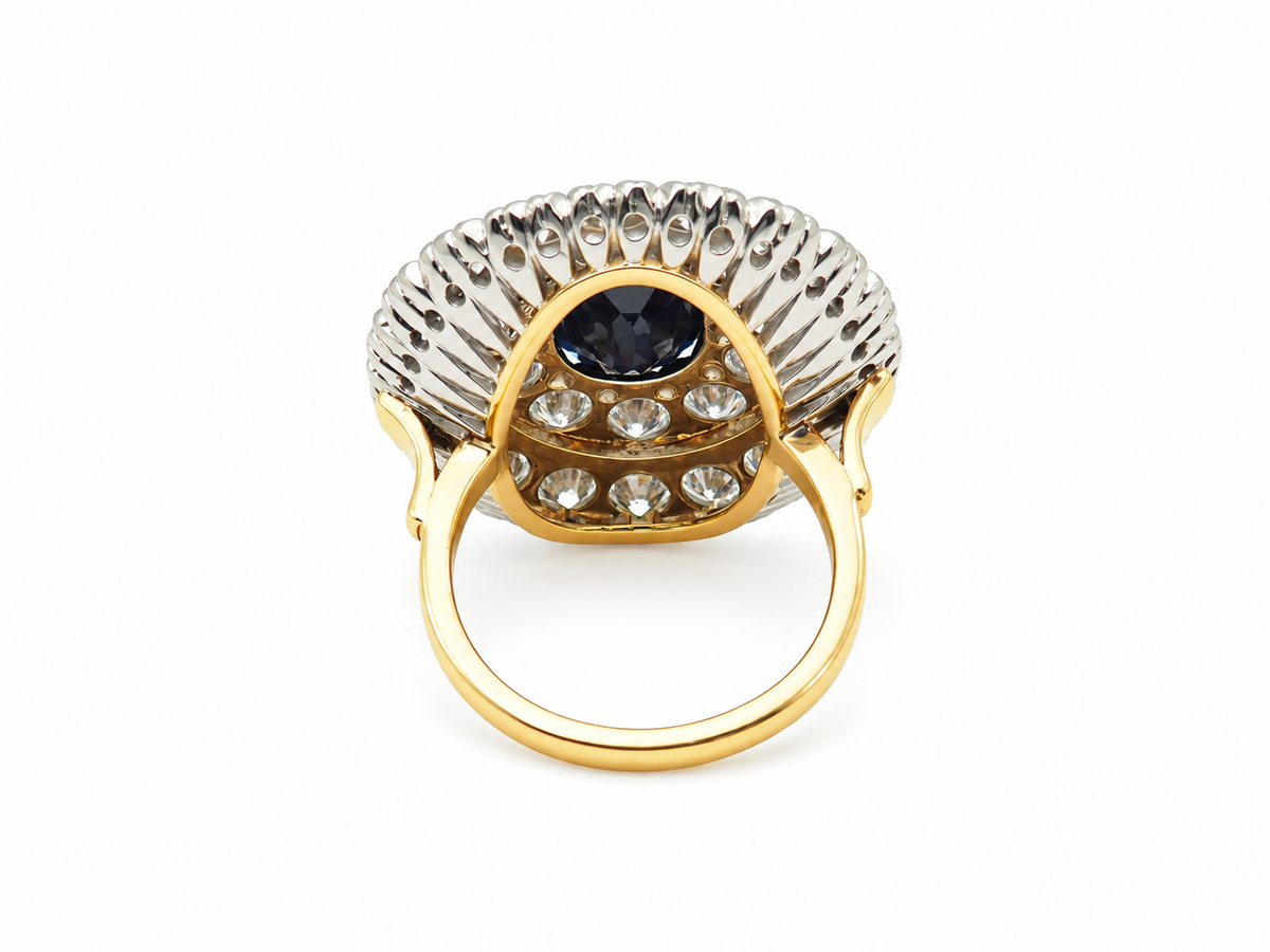 Bague pompadour double entourage saphir 5,10ct et diamants 4,41ct