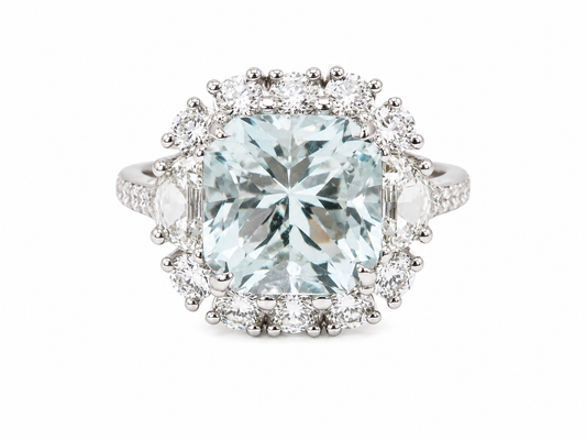 Bague entourage aigue-marine naturelle non traitée 6 ct diamants E VS1
