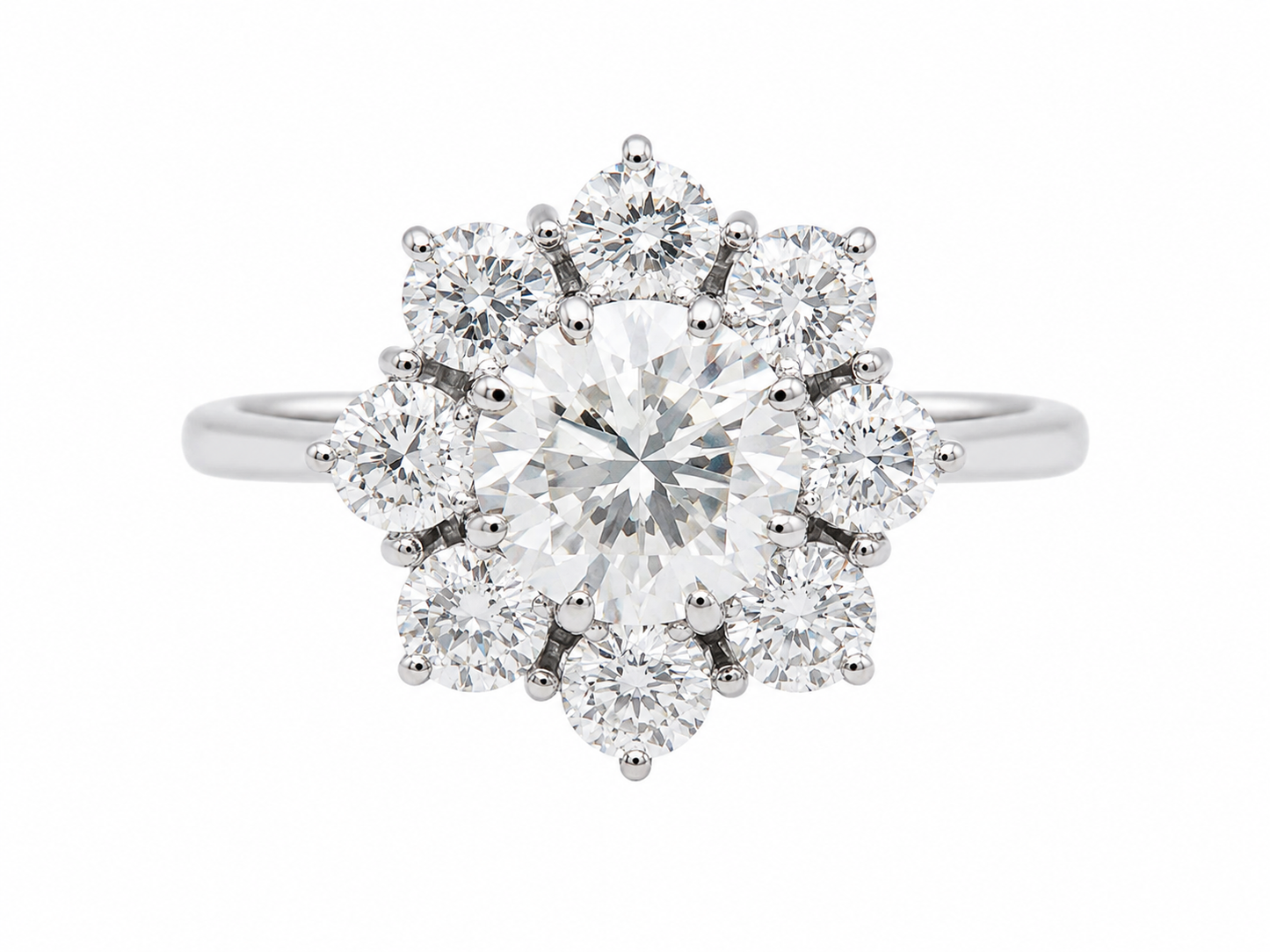 Bague marguerite ancienne en or blanc et diamants – Diamant central 1,80 carat