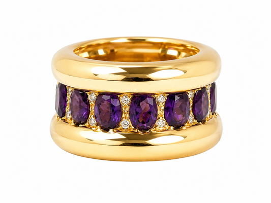 Bague Cocktail Vintage Or Jaune 18 Carats Améthystes et Diamants
