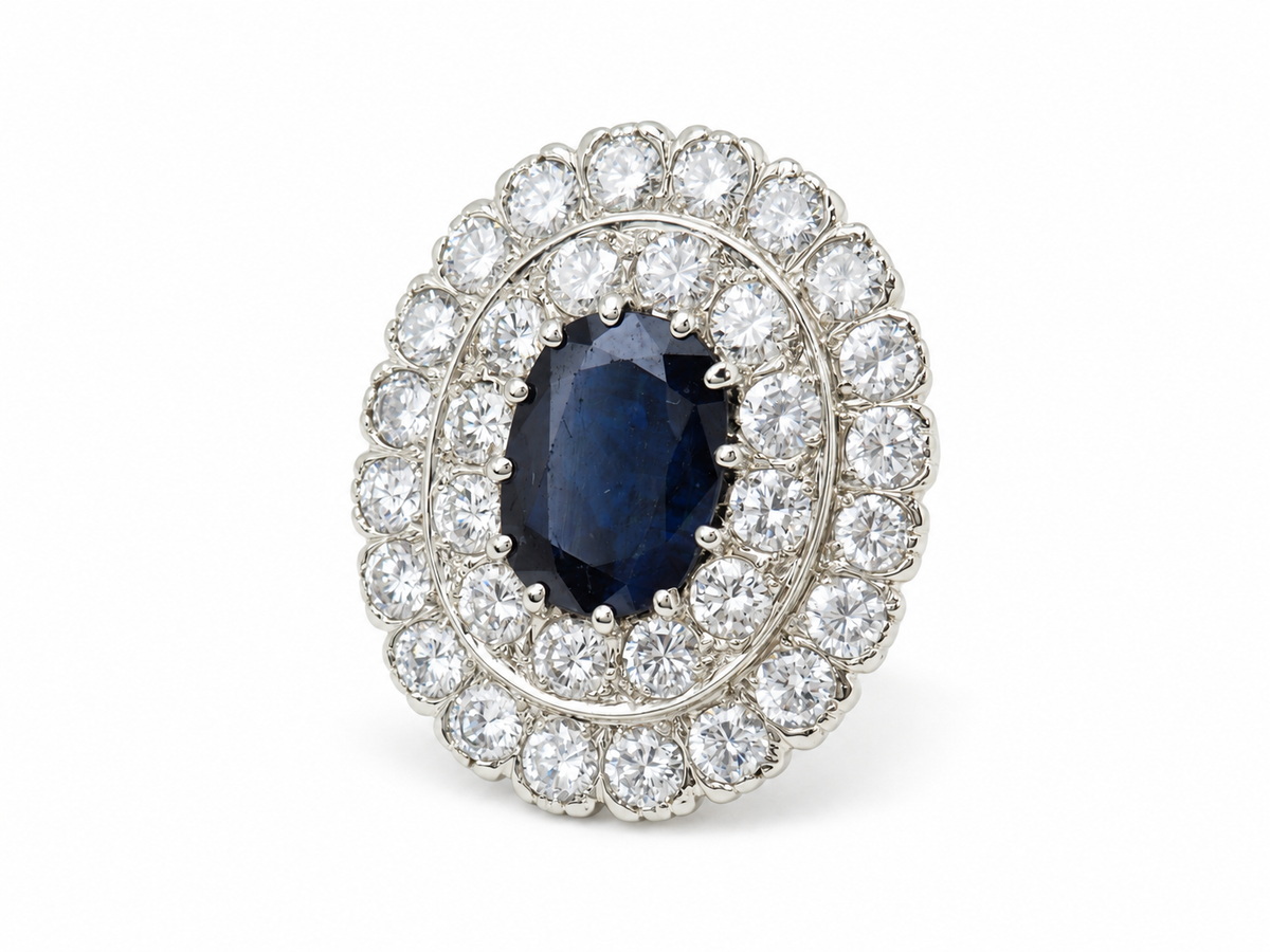 Bague pompadour saphir 5,10 ct diamants 4,41 ct or 18 kt