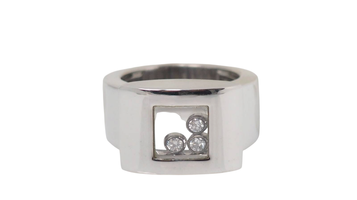 Bague L'Aurore Chopard Happy Diamonds en or blanc 18 carats avec trois diamants mobiles sertis clos