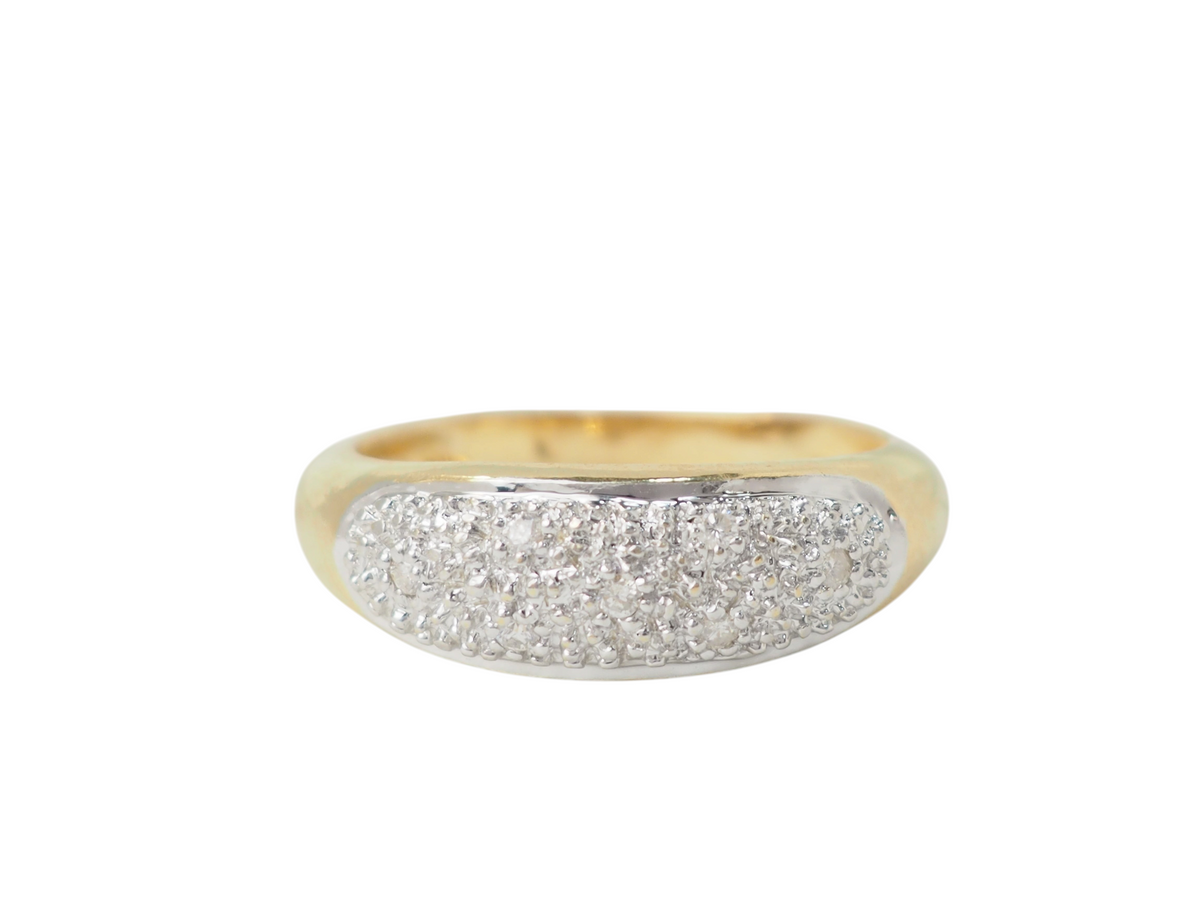 Bague jonc vintage L'Aurore en or jaune 18kt avec pavage de diamants taille brillant sur monture bicolore