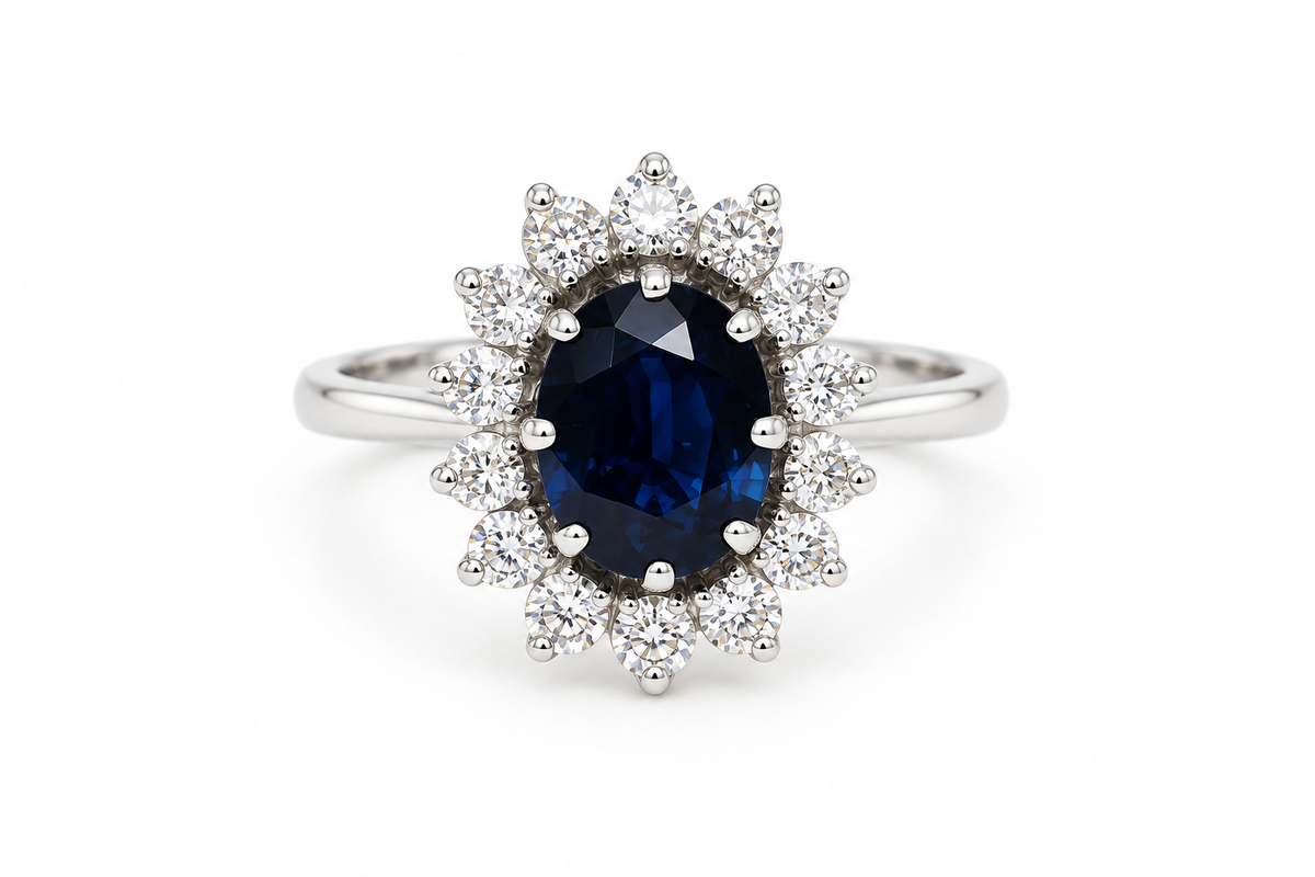 Bague marguerite L'Aurore en or blanc 18 ct avec saphir ovale central et entourage de 14 diamants scintillants