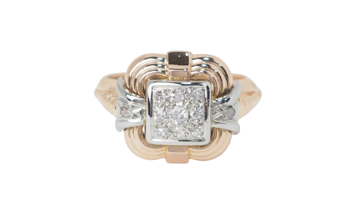 Bague Tank L'Aurore vintage en or jaune et blanc 18kt avec pavage de diamants, style architectural des années 1950