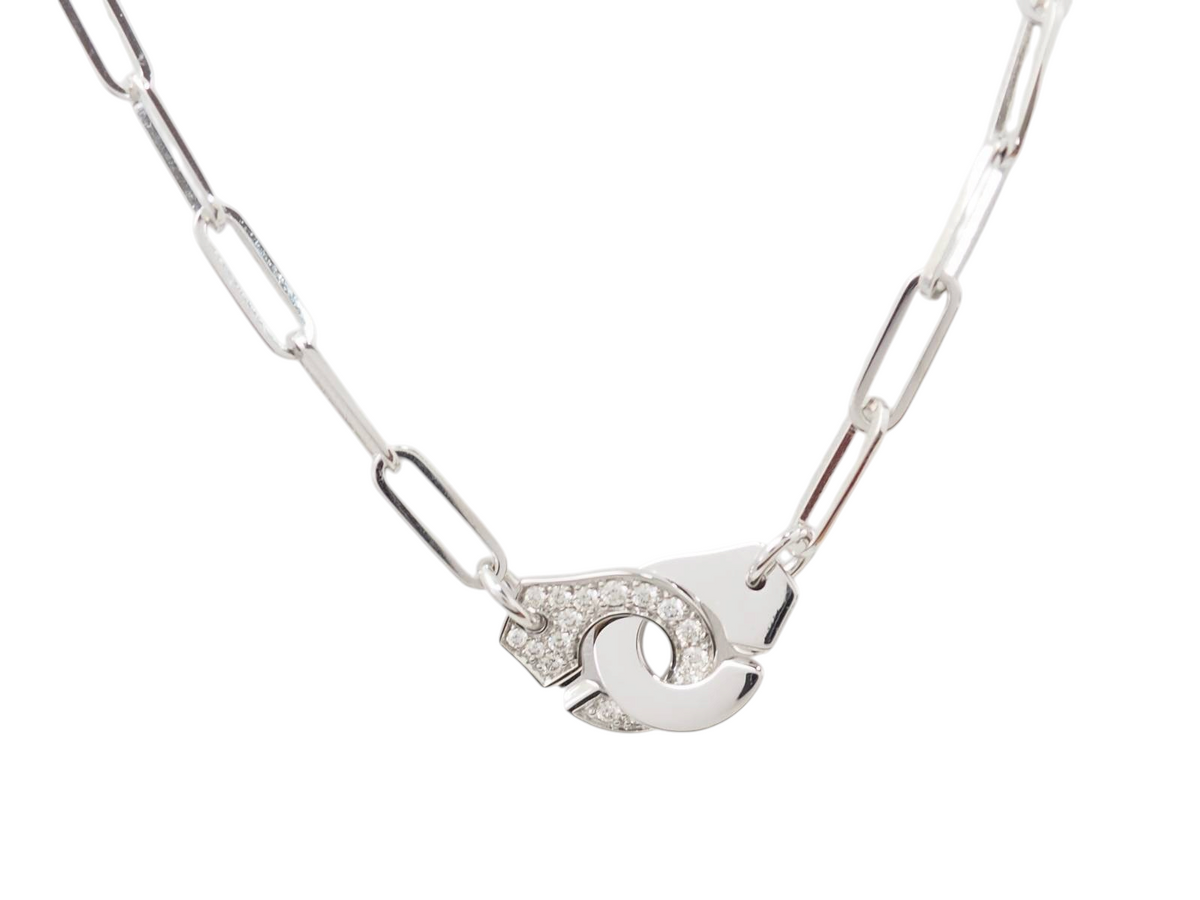 Collier L'Aurore Dinh Van Menottes R12 en or blanc 18 carats serti de diamants étincelants sur chaîne à maillons