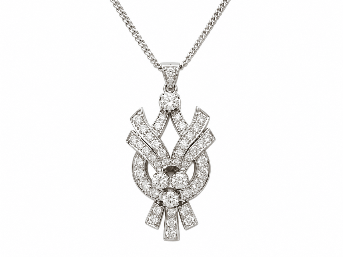Collier L'Aurore ancien en platine avec pendentif serti de 3 carats de diamants brillants sur chaîne maille gourmette