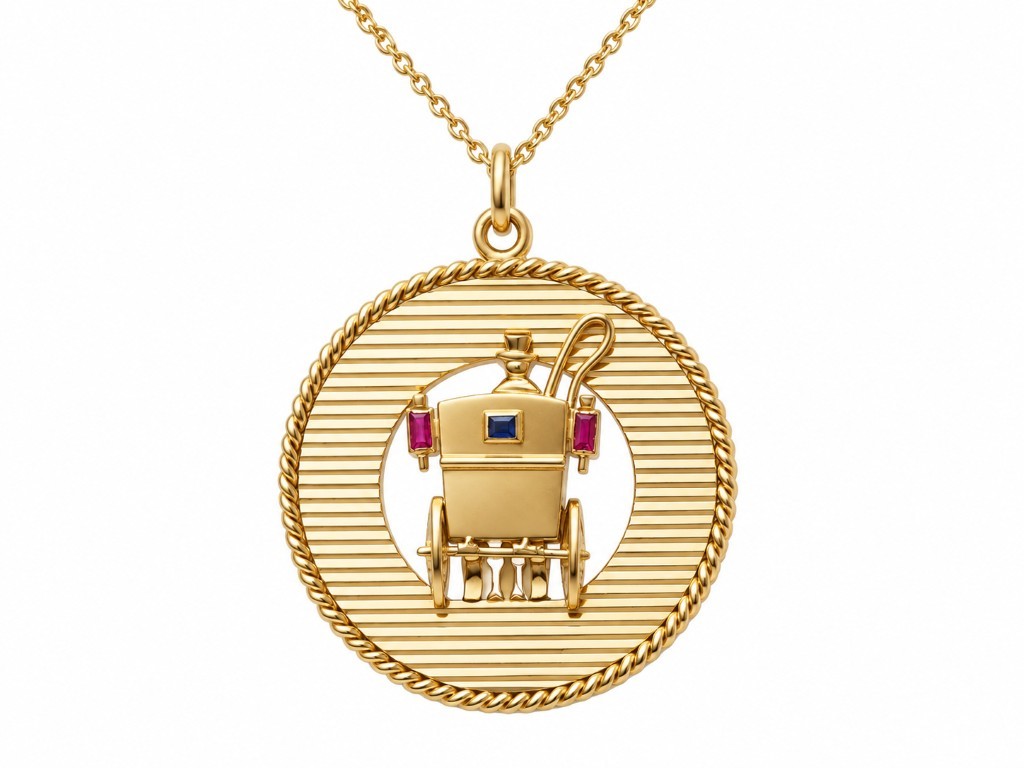 Pendentif L'Aurore Mellerio Paris en or jaune avec motif calèche, saphir bleu, rubis et bordure torsadée sur fond strié
