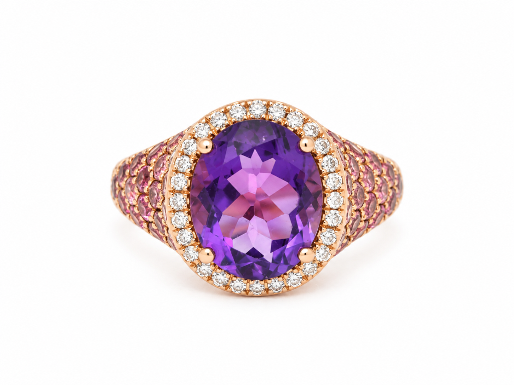 Bague cocktail L'Aurore en or rose avec améthyste ovale, entourage de diamants et pavage de tourmalines roses.