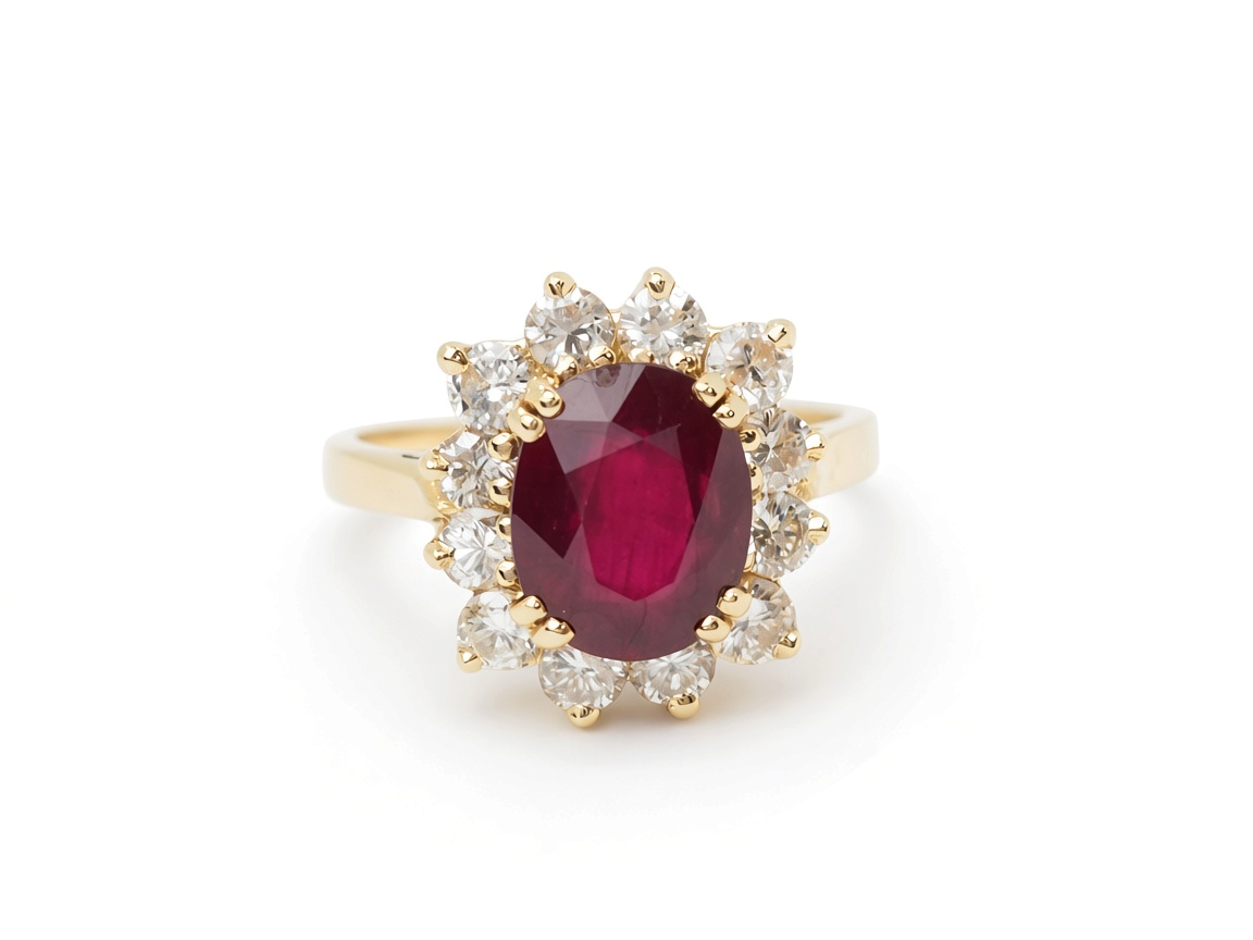 Bague entourage L'Aurore en or jaune 18 carats avec rubis ovale de 4,03 ct et entourage de diamants taille brillant