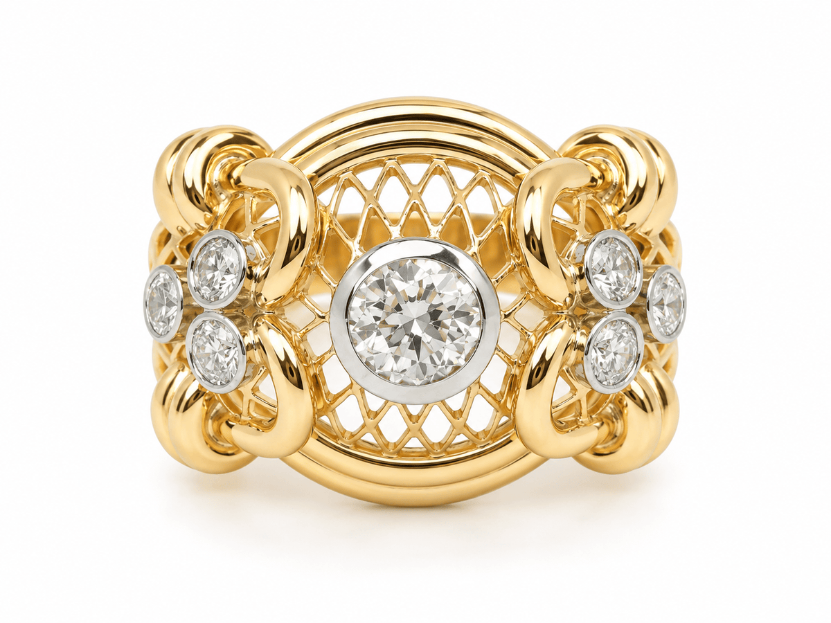 Bague Tank ancienne L'Aurore en or jaune 18 ct avec diamant central de 0,50 ct et détails géométriques ajourés