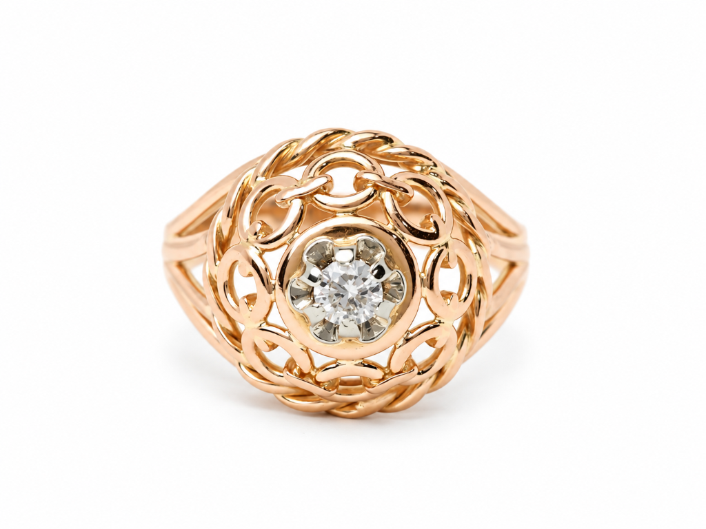 Bague Tank L'Aurore vintage des années 40 en or rose 18 carats avec diamant central sur monture ajourée à entrelacs
