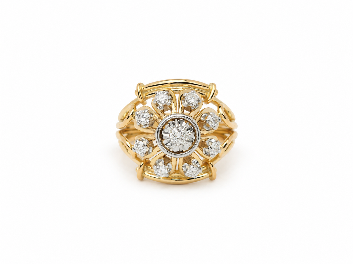 Bague vintage L'Aurore des années 1960 en or jaune 18k et platine avec diamant central de 0,40 ct et diamants en éventail