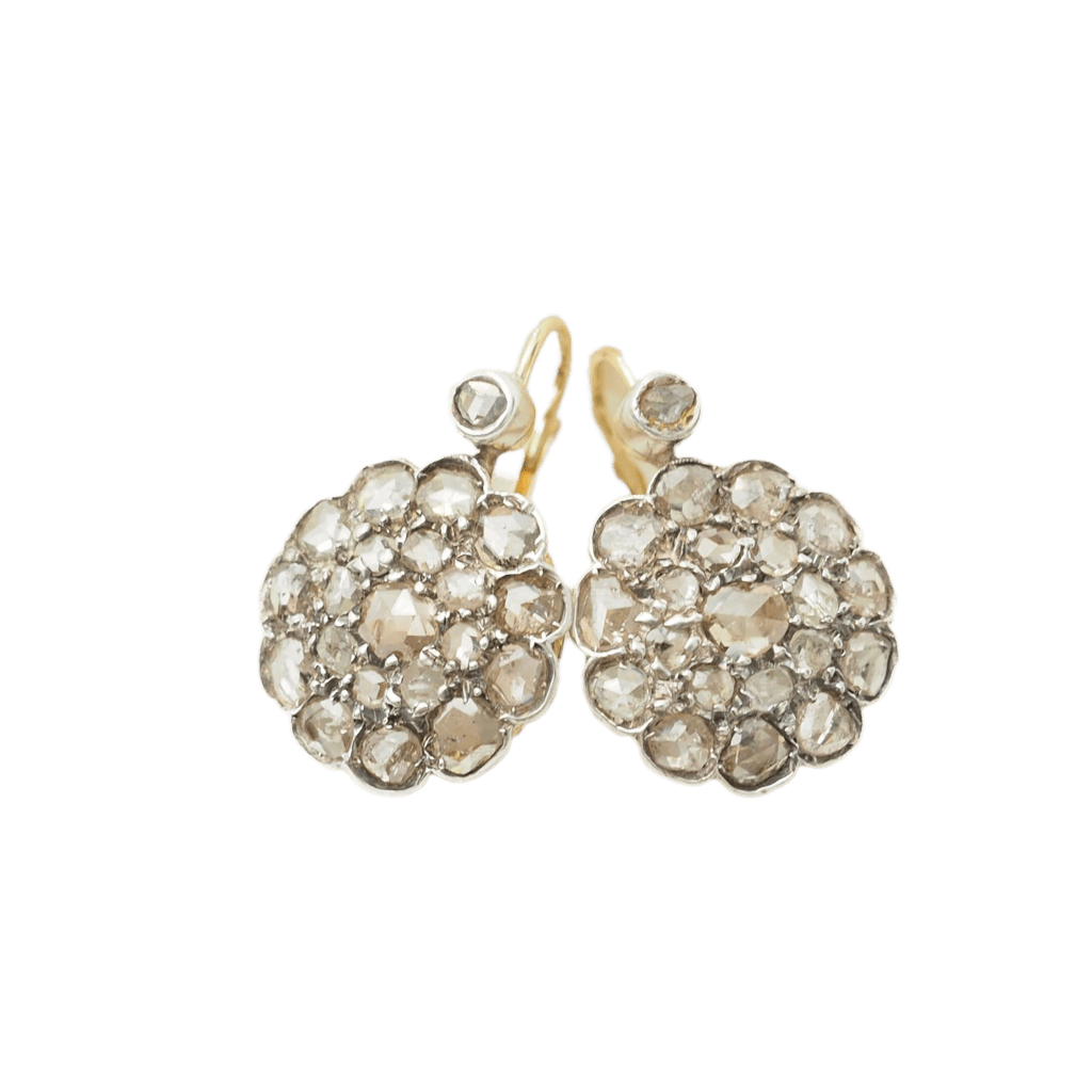 Boucles d'oreilles dormeuses L'Aurore Napoléon III en or, argent et diamants taille rose en forme de rosace