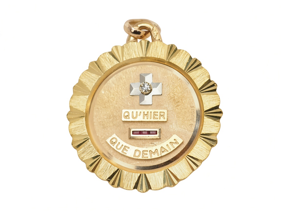 Pendentif médaille d'amour L'Aurore en or jaune 18k avec diamant, rubis et gravure Plus qu'hier moins que demain