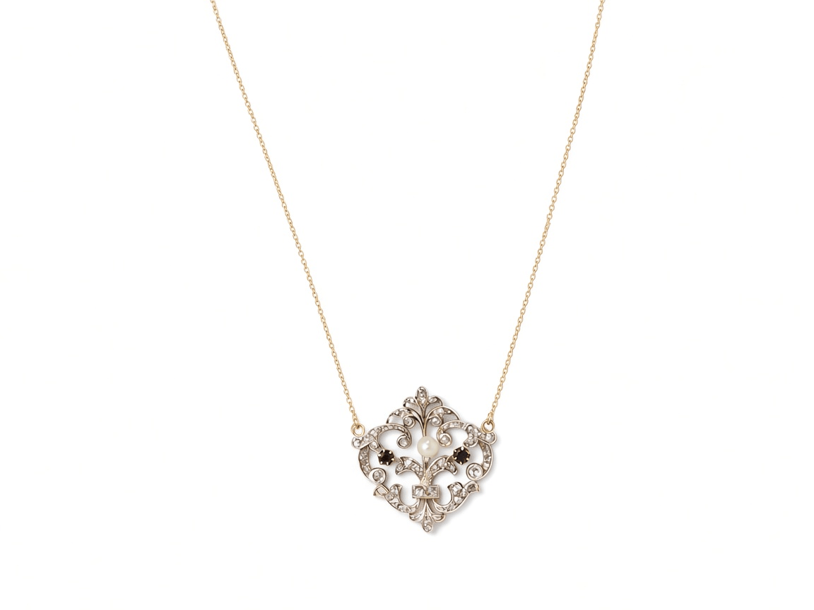 Collier L'Aurore Art Nouveau en or jaune et argent avec perle, diamants taille rose et grenats sur motif à volutes