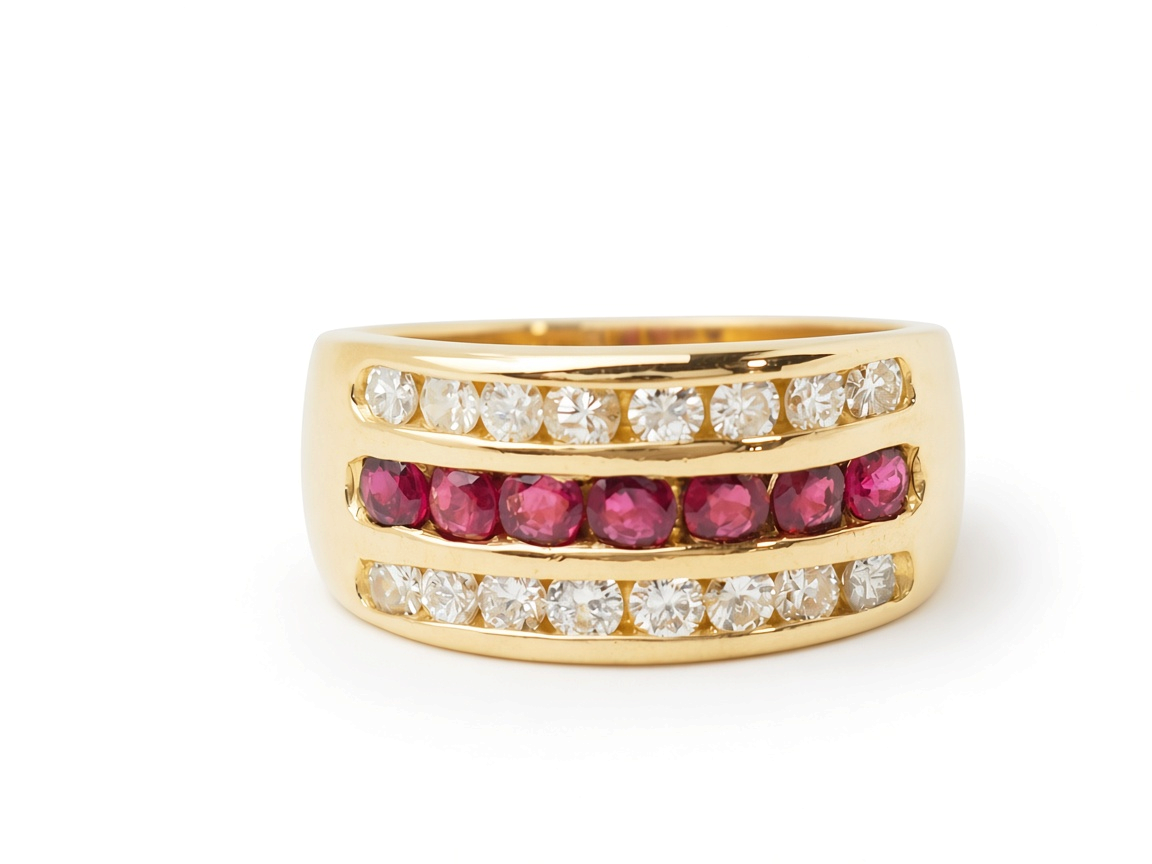 Bague ruban vintage L'Aurore en or jaune 18 carats, ornée d'une rangée centrale de rubis et deux lignes de diamants.