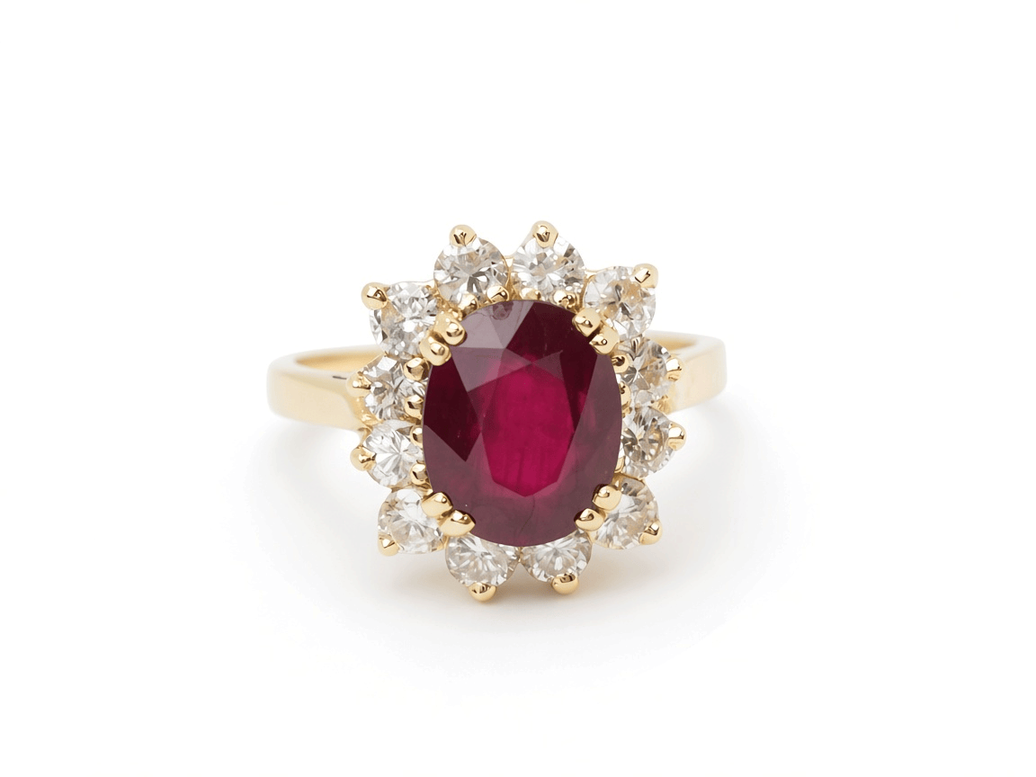 Bague entourage L'Aurore en or jaune avec un rubis ovale de 4,03 ct entouré de diamants de 1,18 ct