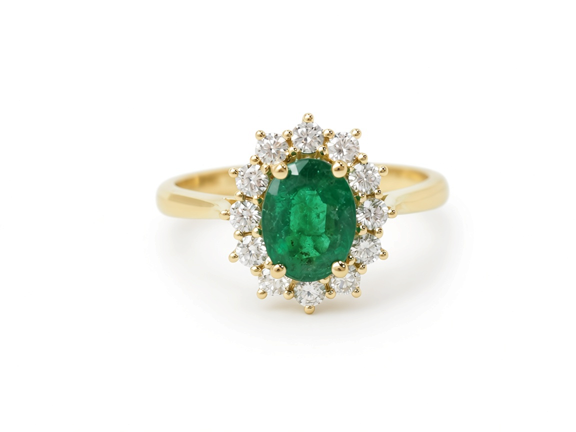 Bague marguerite vintage L'Aurore en or blanc 18K avec émeraude ovale centrale et entourage de diamants brillants
