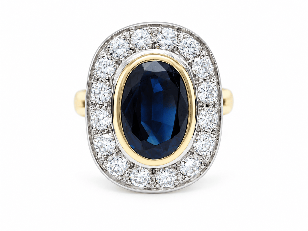 Bague pompadour en or jaune, saphir et diamants